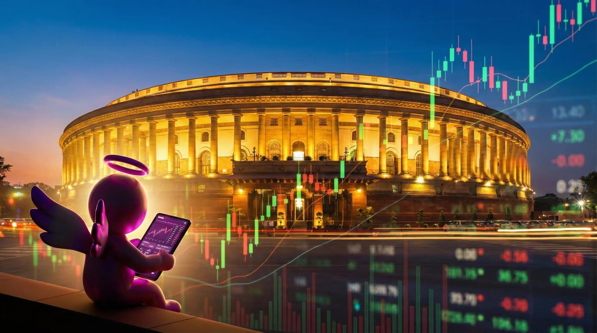 Indian parliament building with stock market charts and investor reviewing portfolio on a laptop